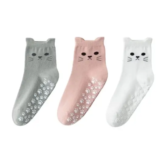 Anna-Kaci Women's Cat Face Grip Socks with Paw Print Anti-Slip Sole Soft Knit Ankle Socks for Home or Yoga 3-Pack image {9}