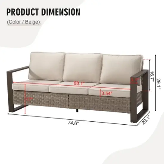 YARDSIGHT Outdoor 3-Seater Rattan Sofa with Olefin Cushions- Weather-Resistant Wicker Patio Couch with Wide Armrests & High Back Support image {2}