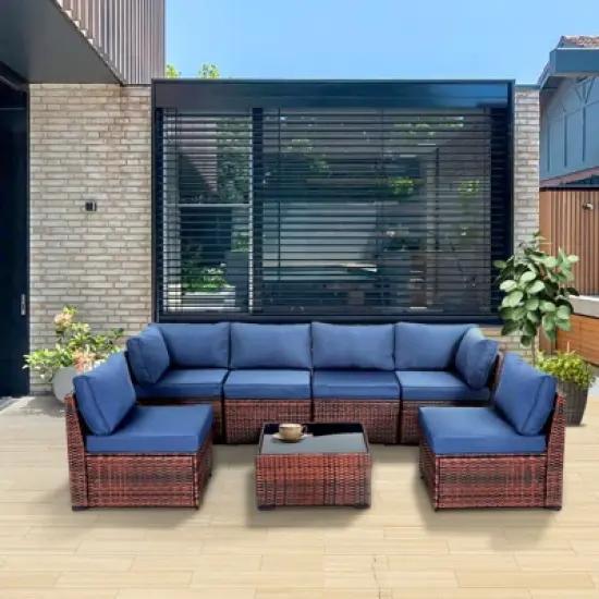 Yardgrace 7-Piece Modular All-Weather Rattan Sectional Set with Glass Table image {3}