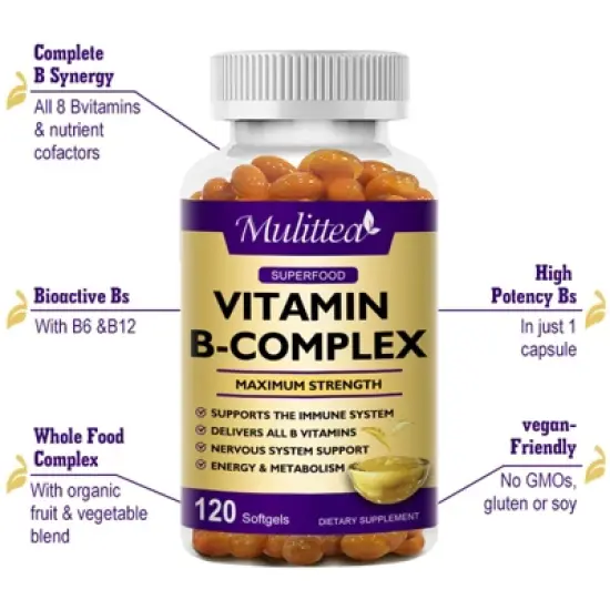 Mulittea Vitamin B Complex Capsules - B12,B2,B6,Vitamin C & Folic Acid,Reduce Stress,Immune & Energy Support,120ct image {4}