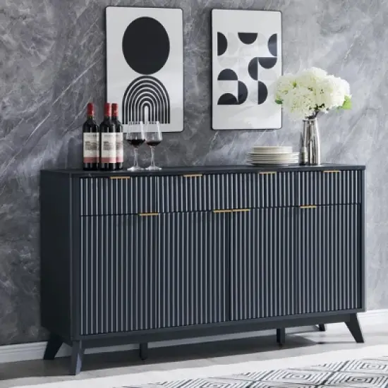 60" Buffet Sideboard Cabinet, Fluted Coffee Bar Table with 3 Drawers & 4 Doors, Modern Sideboard for Dining Room, Living Room image {6}