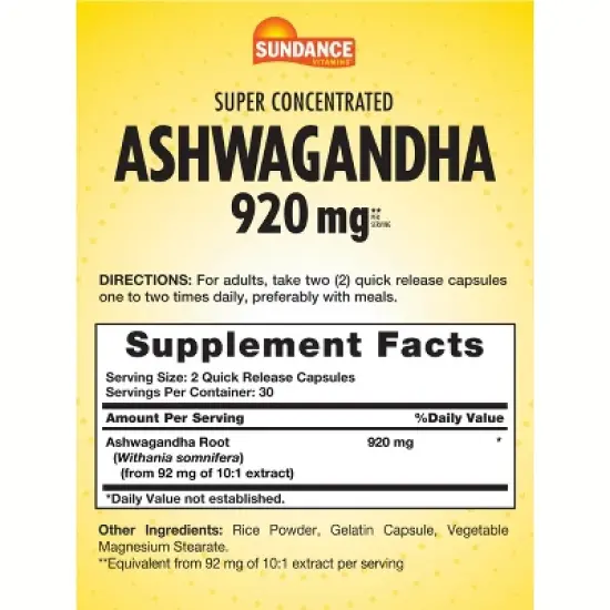 Sundance Ashwagandha Supplement 920mg | 60 Capsules image {1}
