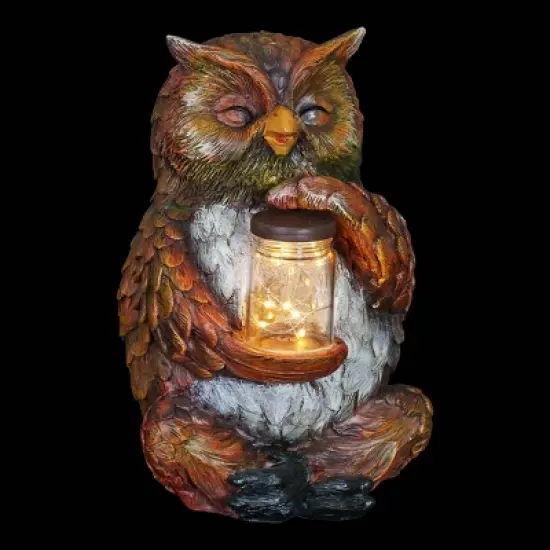 9.84" Glass and Resin Solar Garden Owl with LED Firefly Jar - Exhart image {9}