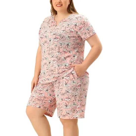 Agnes Orinda Womens Plus Size Loungewear Floral Elastic Waist Short Sleeve Pajamas Set image {6}