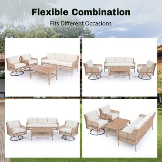 FIONECA 4-Piece Patio Furniture Set with Swivel Chairs, Outdoor Rattan Sofa Conversation Set for 5 People with Cushions & Coffee Table, Beige image {2}