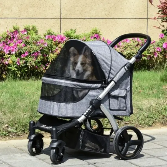PawHut Pet Stroller Foldable Dog Cat Travel Carriage with Adjustable Handlebar PVC Wheel Brake Storage Bag Mesh Window Safety Leash Aluminum gray image {1}