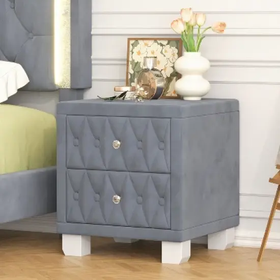 Kumasinova Velvet Modern Nightstand with Crystal Knobs,Night Stand with Drawers,Bedside Table with Button-Tufted,Nightstands for Bedroom image {7}