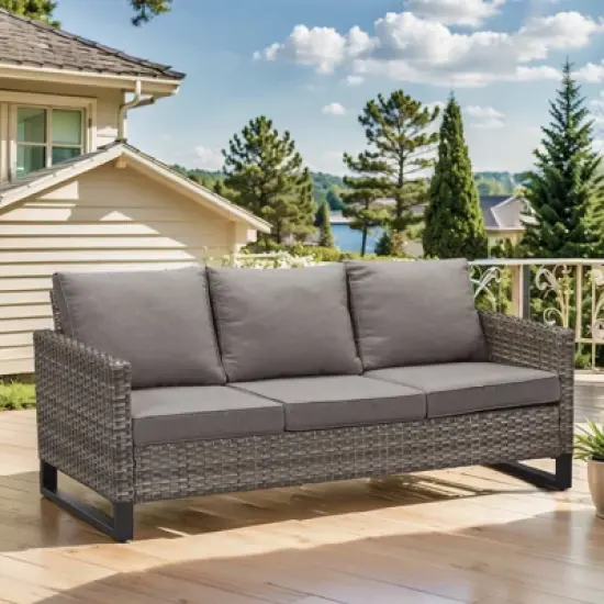POCASSY 74.4" Outdoor Wicker Couch with Metal Armrest, 3-Seater Couch with Square Armrest Patio Furniture Sofa for Porch Balcony, Gray image {10}