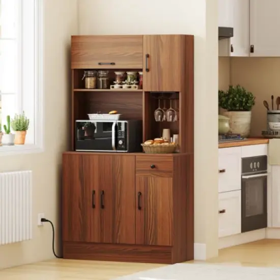 Costway 66" Pantry Cabinet Tall Kitchen Storage Cabinet with Charging Station Brown image {1}