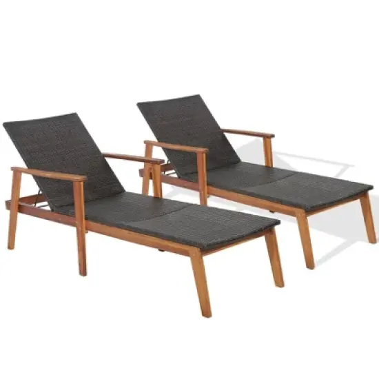 Tangkula 2PCS Adjustable Patio Rattan Lounge Chair  Recliner Outdoor Chaise Acacia Wood Frame image {10}
