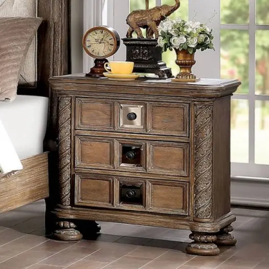 Lellen 3 Drawer Carved Details Nightstand Rustic Natural Tone - HOMES: Inside + Out image {1}