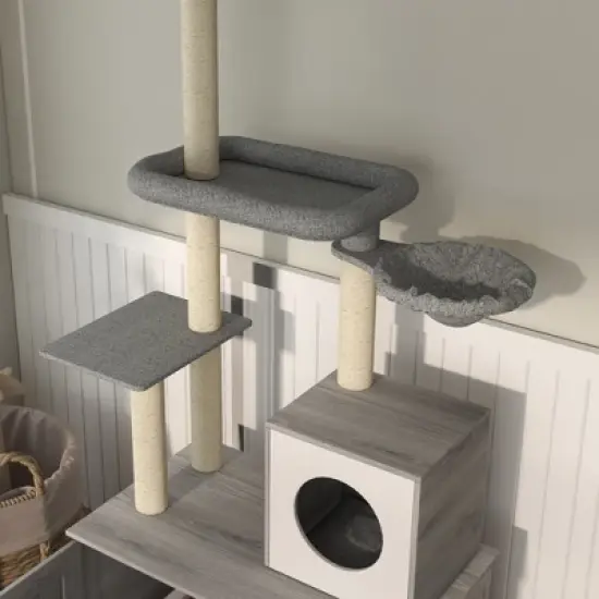 SKYONE Gray Floor-to-Ceiling Cat Tree with Hidden Litter Box, Condo, Bed, Hammock, Scratching Posts image {7}
