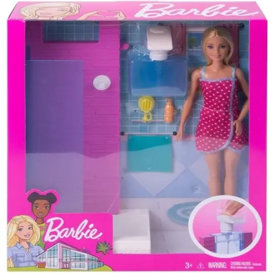 Barbie Doll Bathroom with Working Shower and Three Bath Accessories, Gift Set image {2}