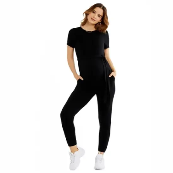 LUXEssentials Short Sleeve French Terry Super Soft Maternity Jumpsuit | A Pea in the Pod image {8}