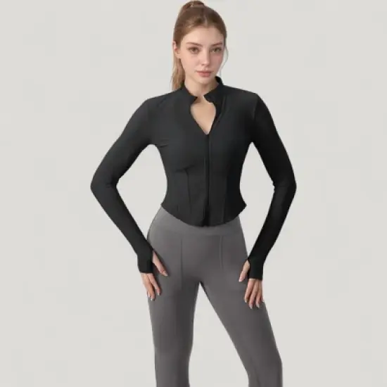 Anna-Kaci Active Women's Long Sleeve Zip-Up Cropped Active Jacket with Thumbhole Cuffs and Slim Fit Design image {5}