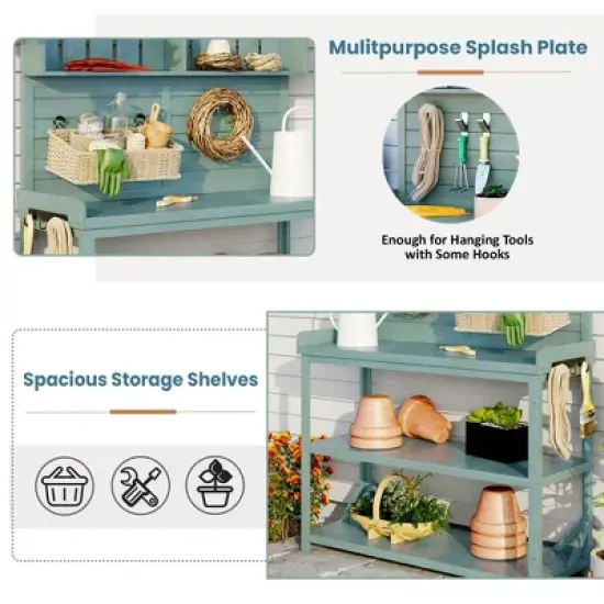 Farmhouse Potting Bench Table - 65": 4 Shelves, Side Hook, Rustic Outdoor Garden Station image {3}