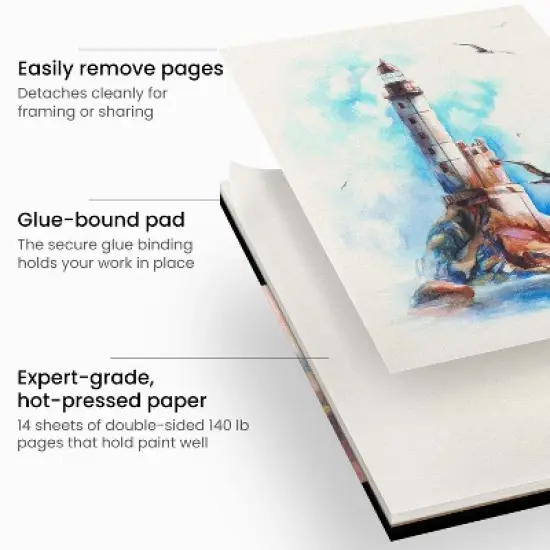 Arteza Hot-Pressed Watercolor Paper Pad, 100% Cotton, 9&rdquo;x12&rdquo;, 14 Sheets, For Detailed Work and Line Work, Dries Fast with Vivid Colors image {1}