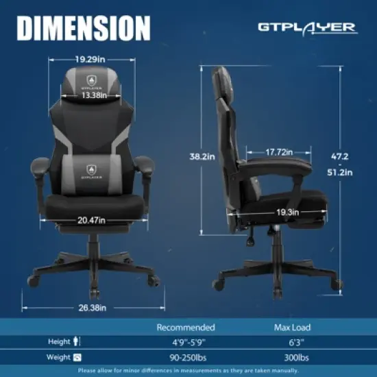 GTPLAYER Mesh Gaming Chair with Footrest, Mesh Back Reclining Office Chair for Adults, Comfortable Fabric Seat image {6}