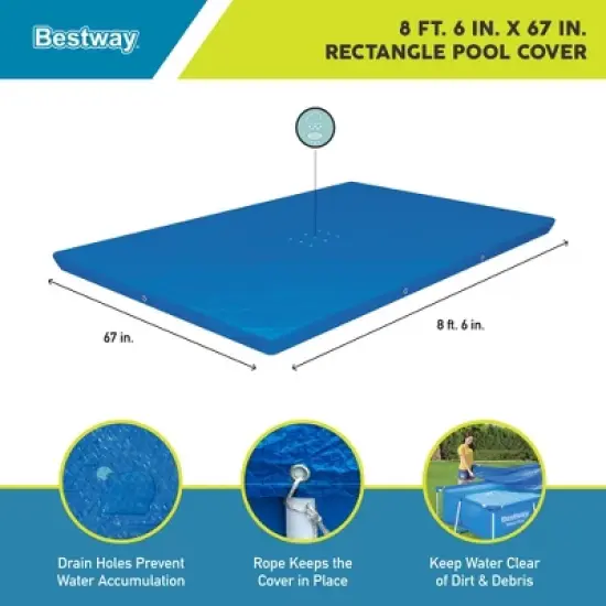 Bestway Flowclear Rectangle Pool Cover for Above Ground Swimming Pools with Drain Holes and Tie Down Ropes, Blue (Cover Only) (8 Pack) image {2}