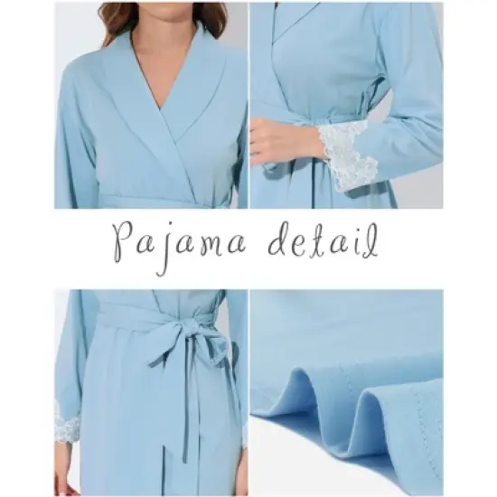 cheibear Womens Robe Knit Lace Trim Lounge Sleepwear Long Sleeve Bathrobe image {3}