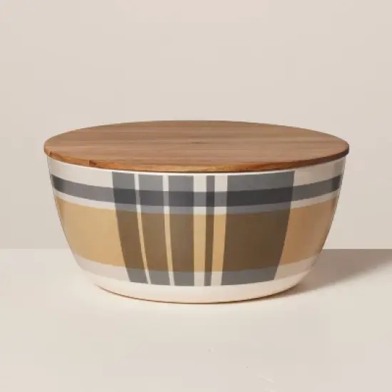 10pc Fall Plaid & Stripe Bamboo-Melamine Picnic Set Tan/Blue/Cream - Hearth & Hand&trade; with Magnolia image {2}