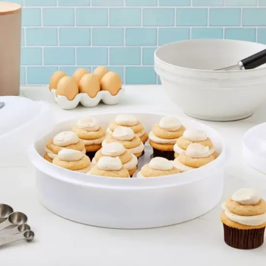 Juvale Round Cake Carrier with Lid and Handle for Desserts, Pies, Cupcakes, Deviled Eggs, White, 12 x 4 In image {1}