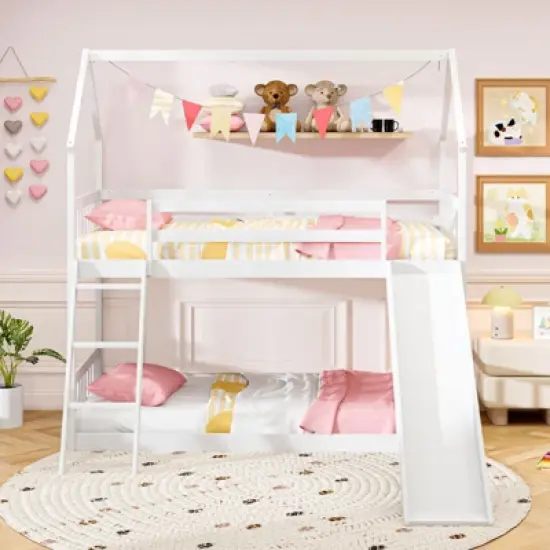 Tangkula Twin Over Twin House Bunk Bed w/ Slide Solid Wood Low Bunk Bed for Kids White image {4}