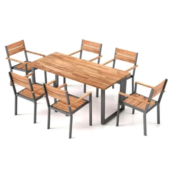 Costway 7 PCS Acacia Wood Patio Dining Set 6 Armchairs and 69" Table with 2" Umbrella Hole image {9}