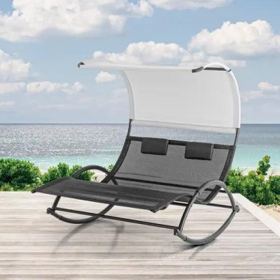 Outdoor Double Chaise Lounge Chair Rocking Bed with Sun Shade & Wheels - Black - Crestlive Products: UV-Resistant, Steel Frame Patio Furniture image {4}