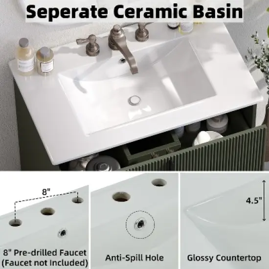 KTMBDW Fluted Design Bathroom Vanity with Ceramic Sink, Wooden Bathroom Storage Vanity with 30 Inch, Small Quick Assembly Bathroom Cabinet image {6}