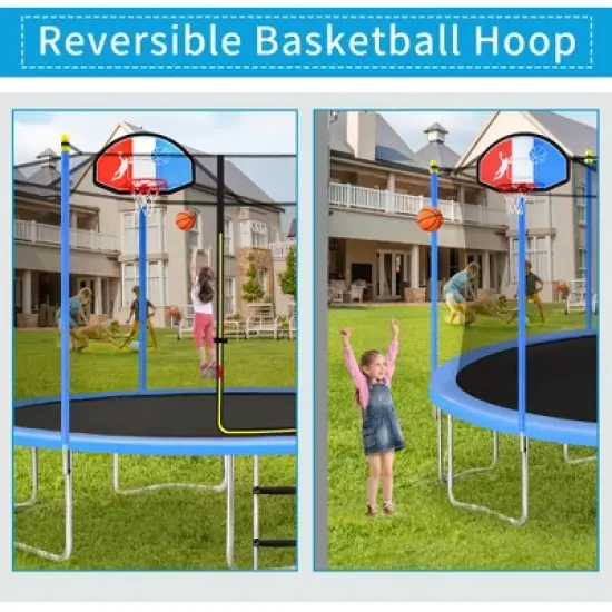 Easy-to-Assemble Kids Trampoline with Safety Fence Netting, Basketball Hoop and Ladder, Blue - ModernLuxe image {6}