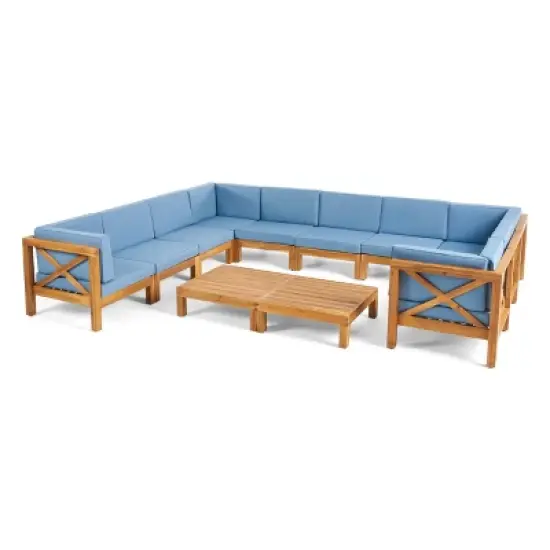 Christopher Knight Home Keith Outdoor Acacia Wood 10 Seater Sectional Sofa Chat Set with Cushions image {12}