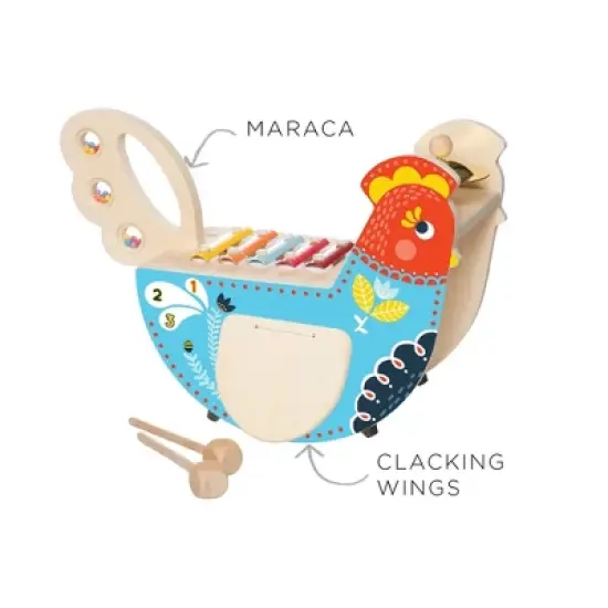 Manhattan Toy Musical Chicken Wooden Instrument for Toddlers with Maraca, Cymbal, Clacking Wings, Drumsticks, Washboard and Xylophone image {2}