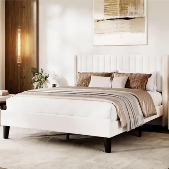Bed Frame with Wingback Headboard - Vertical Channel Tufted Upholstered Platform, Noise-Free Reinforced Wood Slats, No Box Spring Needed, White image {9}