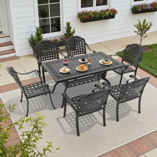 7-Piece Cast Aluminum Outdoor Dining Set: Rectangle Table, Stackable Chairs & Blue Cushions - All-Weather Patio Furniture for Your Backyard image {1}