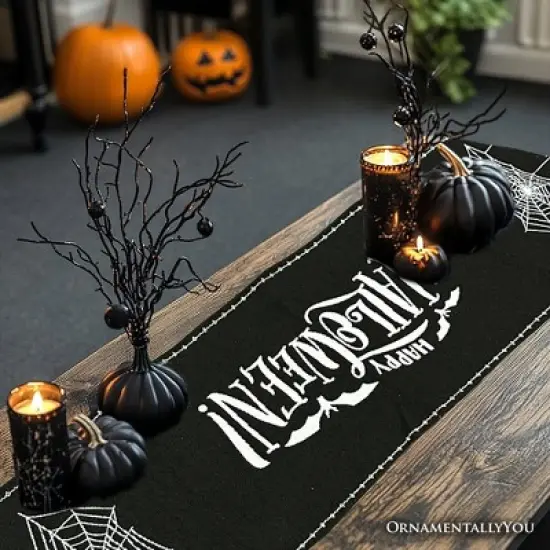 Haunted Horrors 72" Table Runner, Jacquard Halloween Home Black Tablecloth Decoration with Pumpkins and Spiderwebs| OrnamentallyYou image {4}
