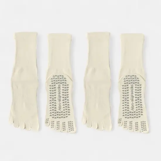 Anna-Kaci Women's 2-Pack Grip Toe Socks with Non-Slip Soles and Ribbed Knit in Neutral Tones for Yoga and Studio Classes image {6}