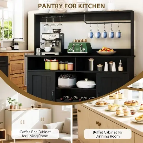 Modern Black Bar Cabinet with Wine Storage, Adjustable Shelves & Cup Rack - Kitchen Dining Room Coffee Bar Organizer image {6}