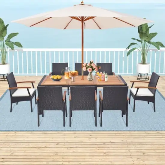 Costway 9 Pieces  Patio Rattan Dining Set with Acacia Wood Table, 1.9" Umbrella Hole image {10}