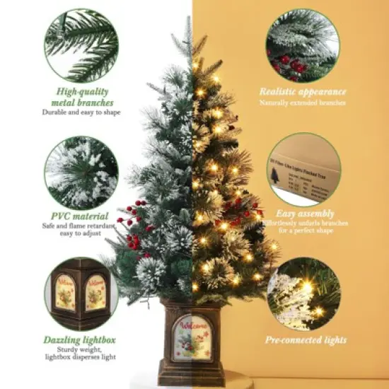 Pre-Lit 3Ft Snow Flocked Artificial Christmas Tree w/ 78 White LED Lights & Lighting Elk Base, 8 Modes Tabletop Mini Tree for Home Decor, 2 Pack image {5}