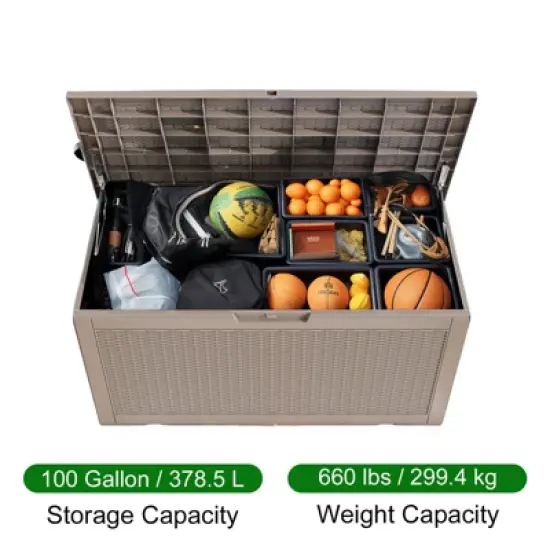 100 Gallon Rattan Deck Box, Lockable Waterproof Ourdoor Storage Container for Pool Accessories, Patio and Garden Tools - Brown image {2}