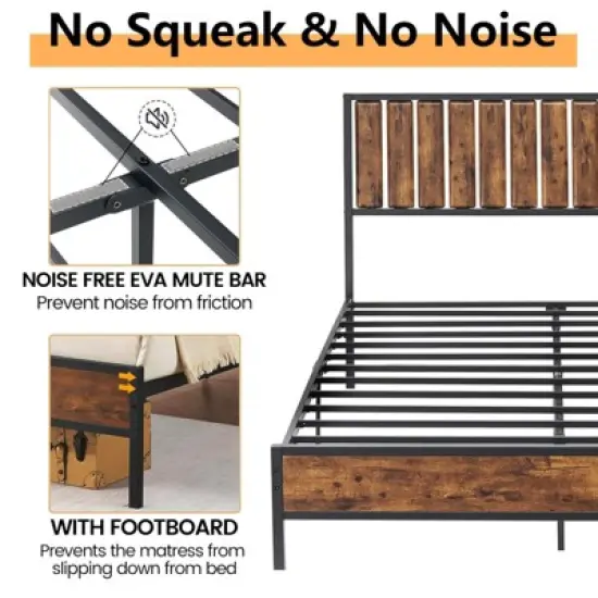 Bed Frame with Headboard Footboard Rustic Wood Farmhouse Platform Metal Wrought Rod Slat Bedframe, No Box Spring Needed, Easy Assembly image {5}