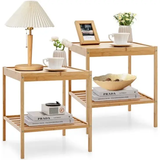 2 PCS 2-Tier Bedside End Table Bamboo Nightstand for Living Room Bedroom image {8}