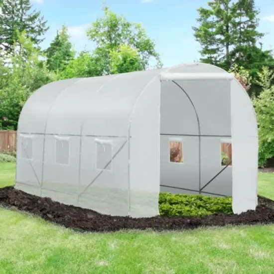 Outsunny 15' x 7' x 7' Walk-In Tunnel Greenhouse, Large Garden Hot House Kit with 6 Roll-up Windows & Roll Up Door, Steel Frame, White image {1}
