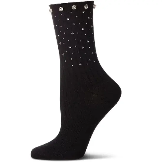 Memoi Women's Ribbed Rhinestone Studded Cotton Rich Crew Sock image {4}