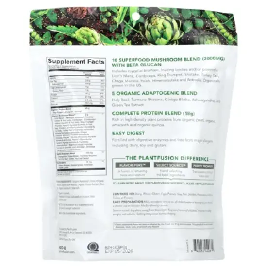 PlantFusion Organic Mushrooms + Protein, Rich Chocolate, 15.8 oz (448 g) image {1}