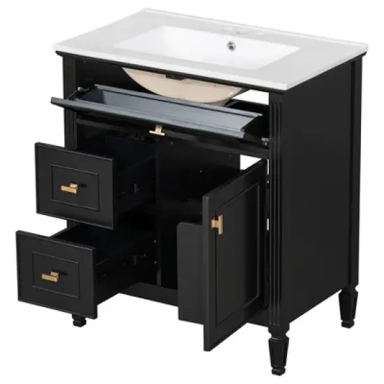30" Bathroom Vanity with Ceramic Sink, Flip Drawer, 2 Storage Drawers & Adjustable Shelf, Compact Freestanding Vanity Cabinet - image {9}