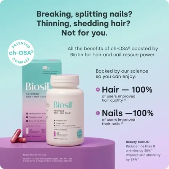 Biosil Advanced Hair + Nail Care - Grow, Strengthen & Thicken Hair and Nails - with Patented ch-OSA & Biotin image {2}