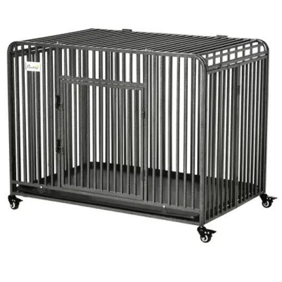 PawHut 43" Heavy Duty Dog Cage, Foldable Steel Crate Kennel with Removable Tray, Double Doors, 4 Lockable Wheels for Medium & Large Dogs, Dark Silver image {3}
