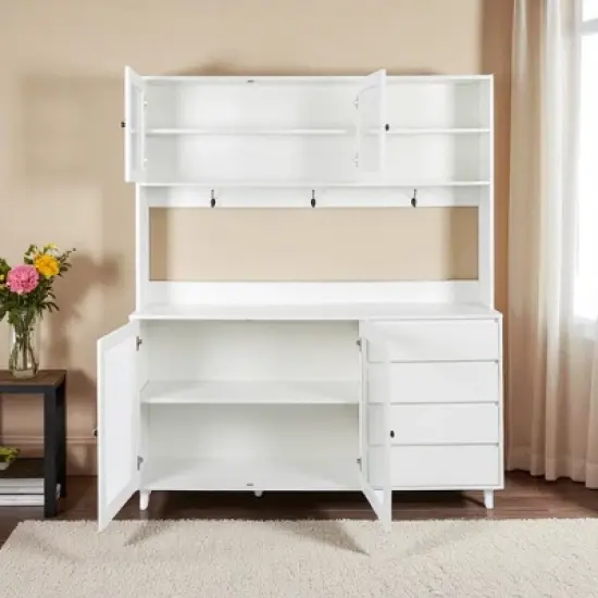 63" Large Kitchen Hutch Pantry Cabinet with 4 Doors, 4 Drawers & Microwave Shelf, Freestanding Storage Buffet Cupboard for Dining Room image {7}